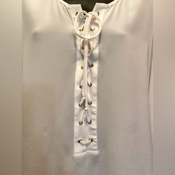 ACROBAT Ivory White Silk Lace Up Blouse L - Picture 11 of 12